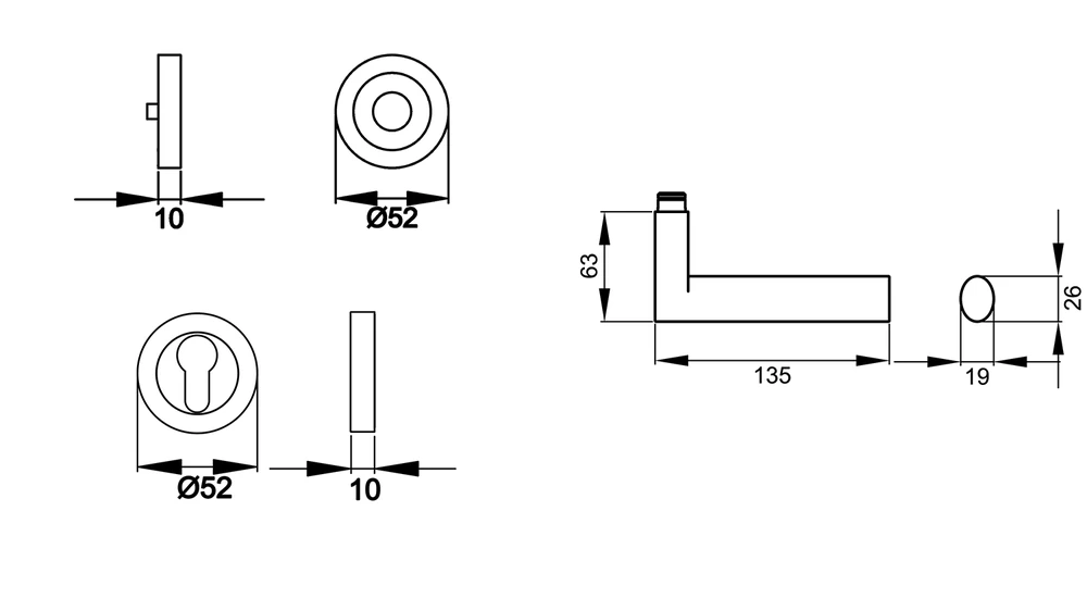 Technische Zeichnung [ER45LS PZ0 71] Karcher Türgriff-Garnitur Madeira - Leder schwarz ER45LS (Edelstahl) (PZ0)
