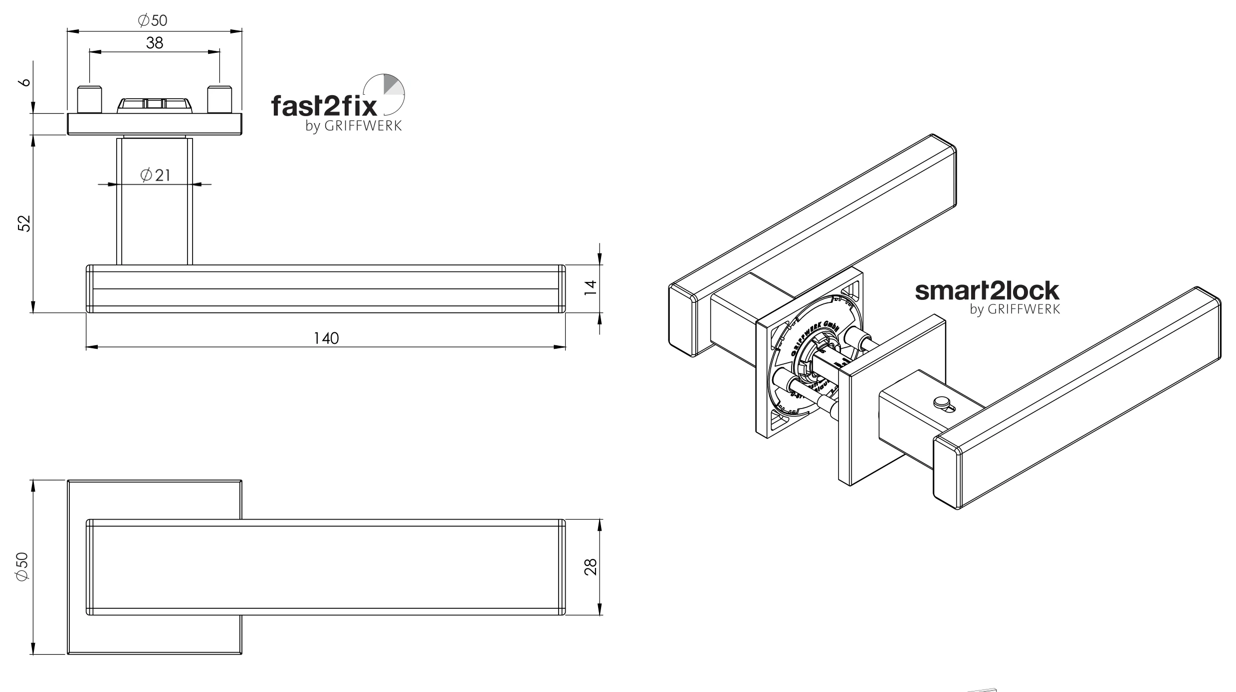 Technische Zeichnung [200930371] Griffwerk VAYA 200 CUBICO fast2fix (Edelstahl matt, WC)
