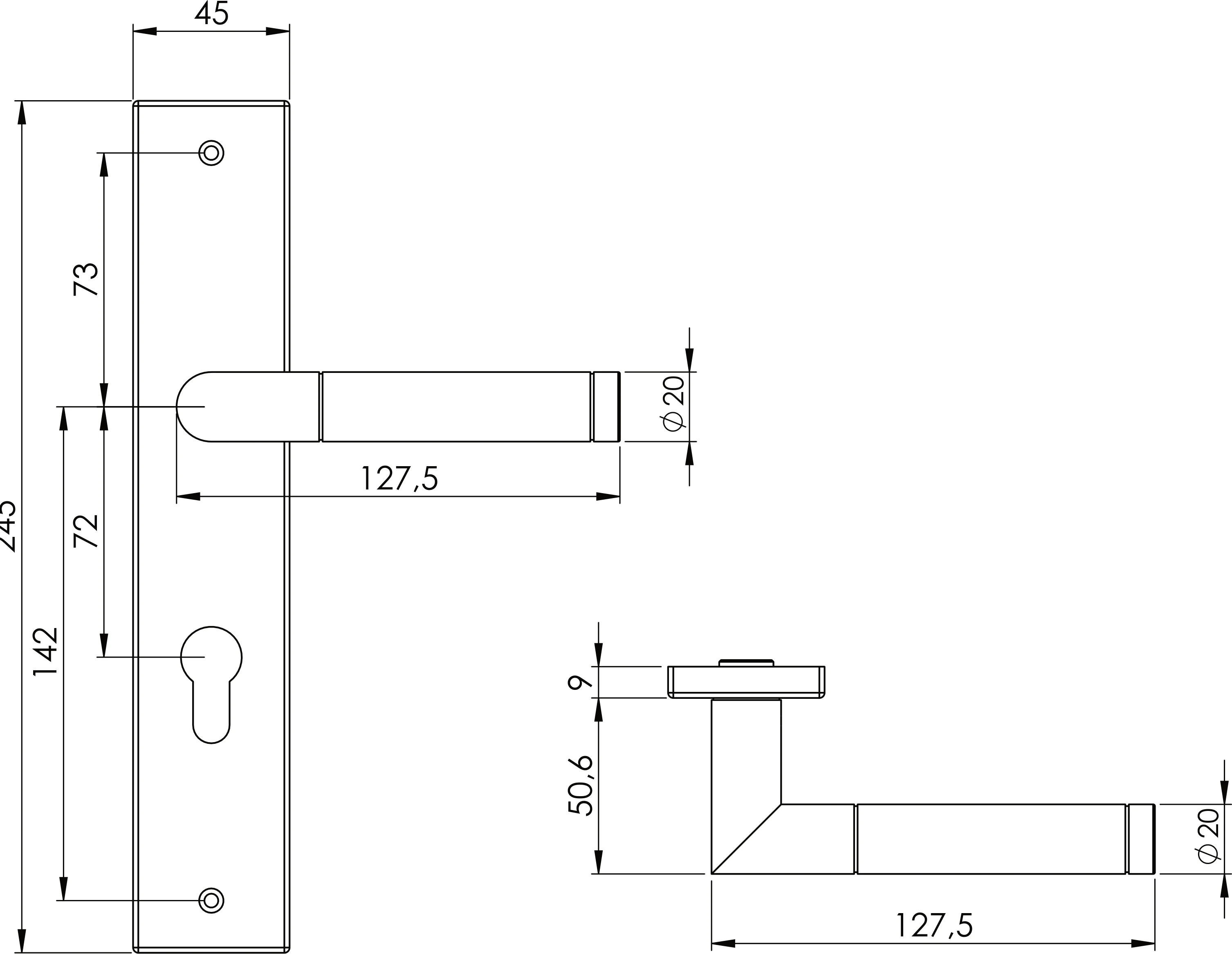 Technische Zeichnung [187250273] Griffwerk LOREDANO (Profilzylinder)