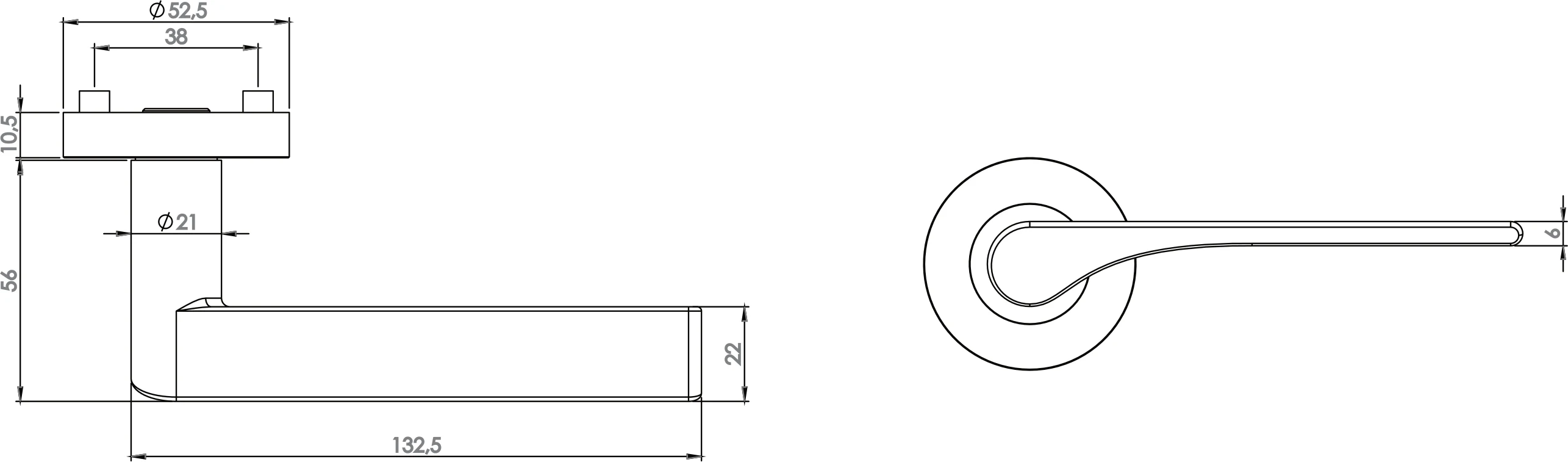 Technische Zeichnung [260001027] Griffwerk Griffpaar LEAF LIGHT für Schlosskasten (Kaschmirgrau)