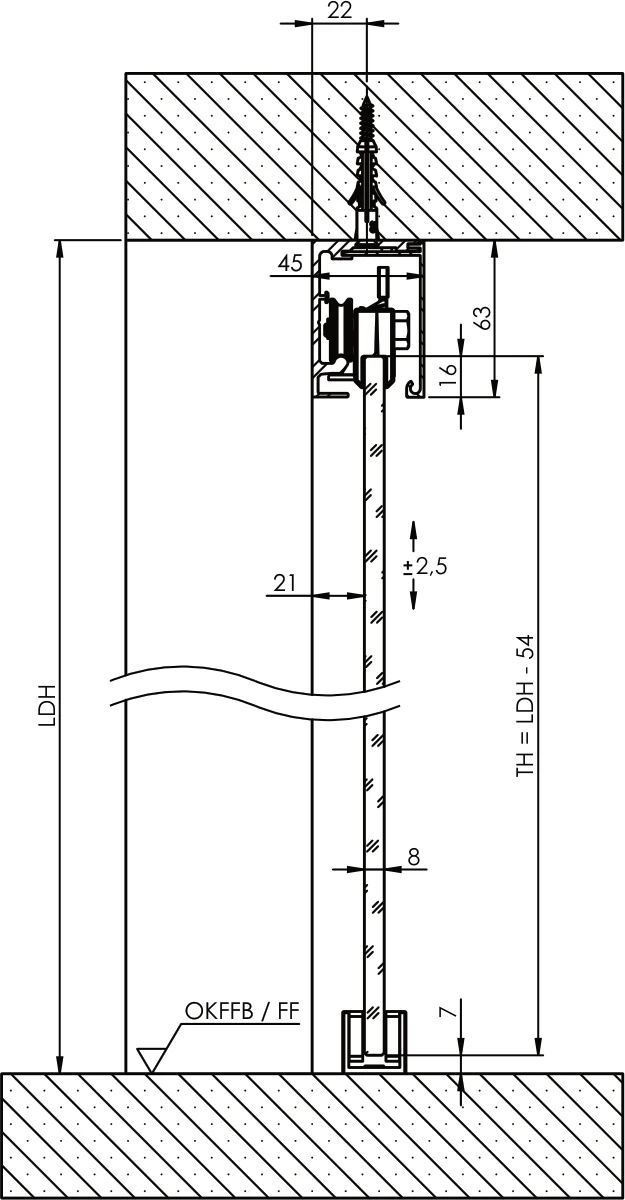 Technische Zeichnung [407090717] Griffwerk Schiebetürsystem PLANEO X60 (Deckenmontage, Kaschmirgrau, 2200, ohne Einzugsdämpfung)