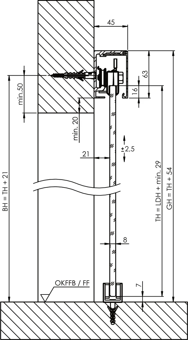 Technische Zeichnung [407010718] Griffwerk Schiebetürsystem PLANEO X60 (Wandmontage, Graphitschwarz, 2200, ohne Einzugsdämpfung)