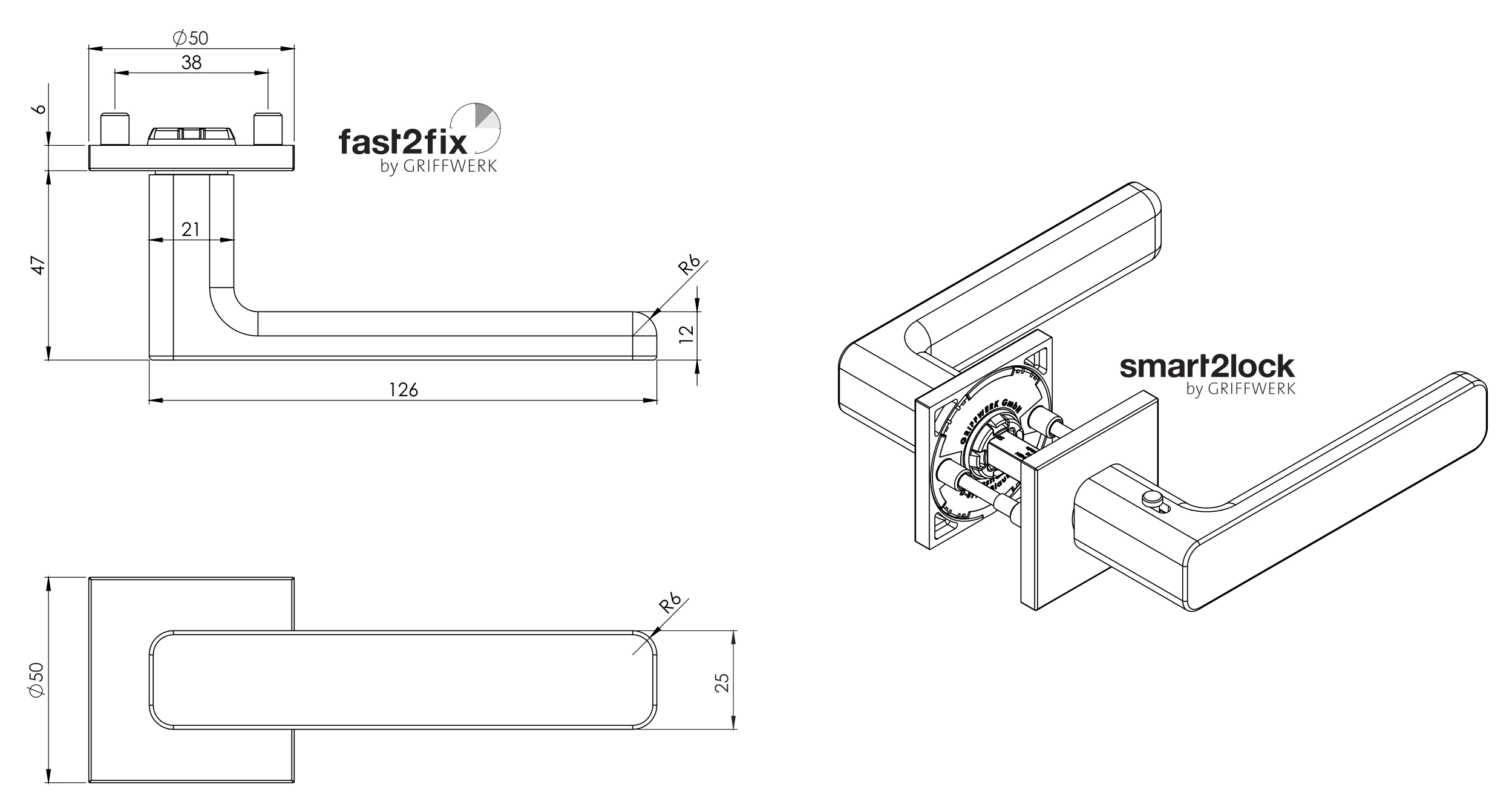 Technische Zeichnung [265940129] Griffwerk VAYA 265 MINIMAL MODERN fast2fix (Eckig, Buntbart, Seidenweiß)