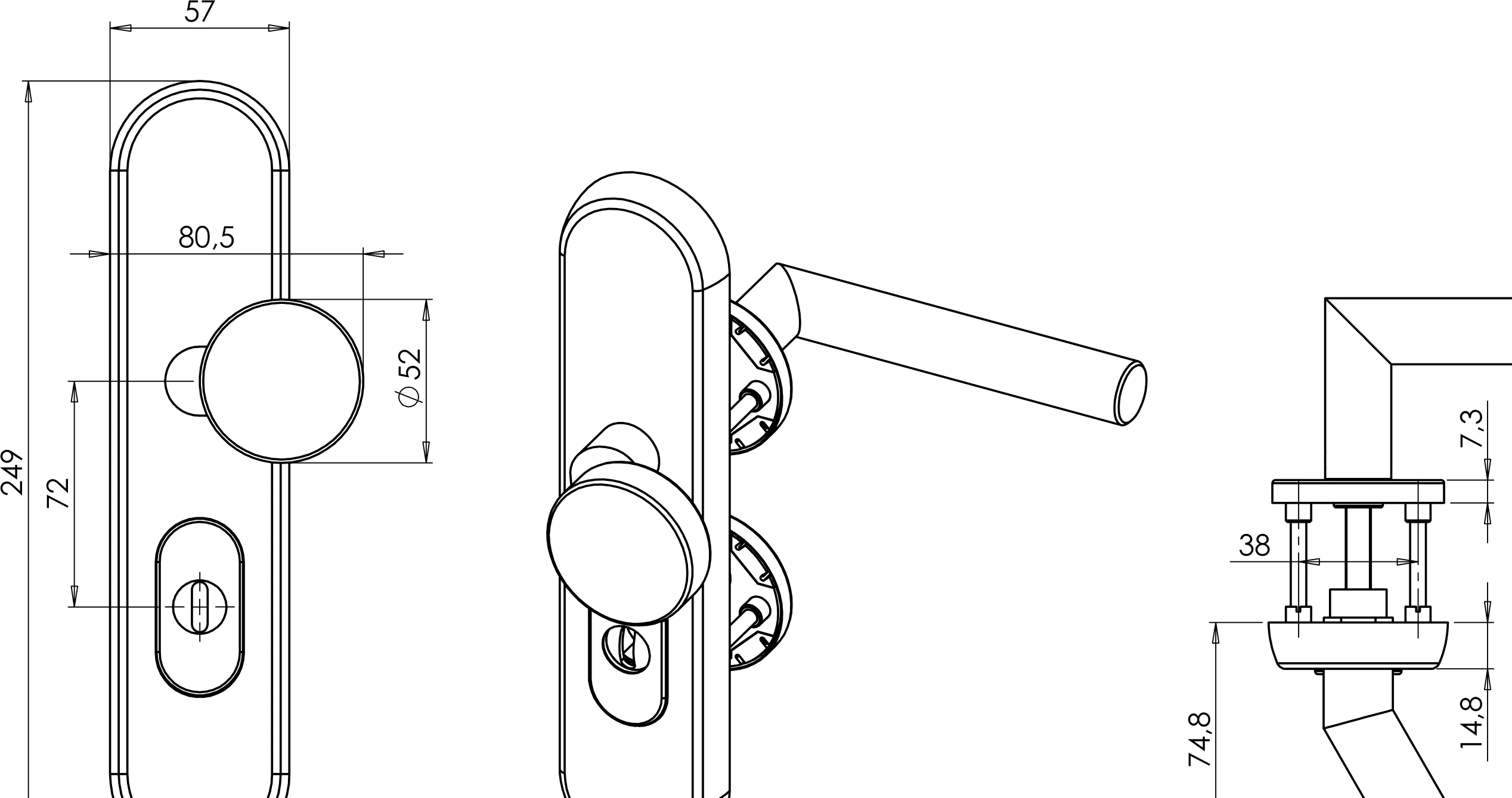 Technische Zeichnung [290112522] Griffwerk Kombi-Schutzbeschlag TITANO SB_882 mit Griff AVUS (Eckig, Samtgrau, Links)