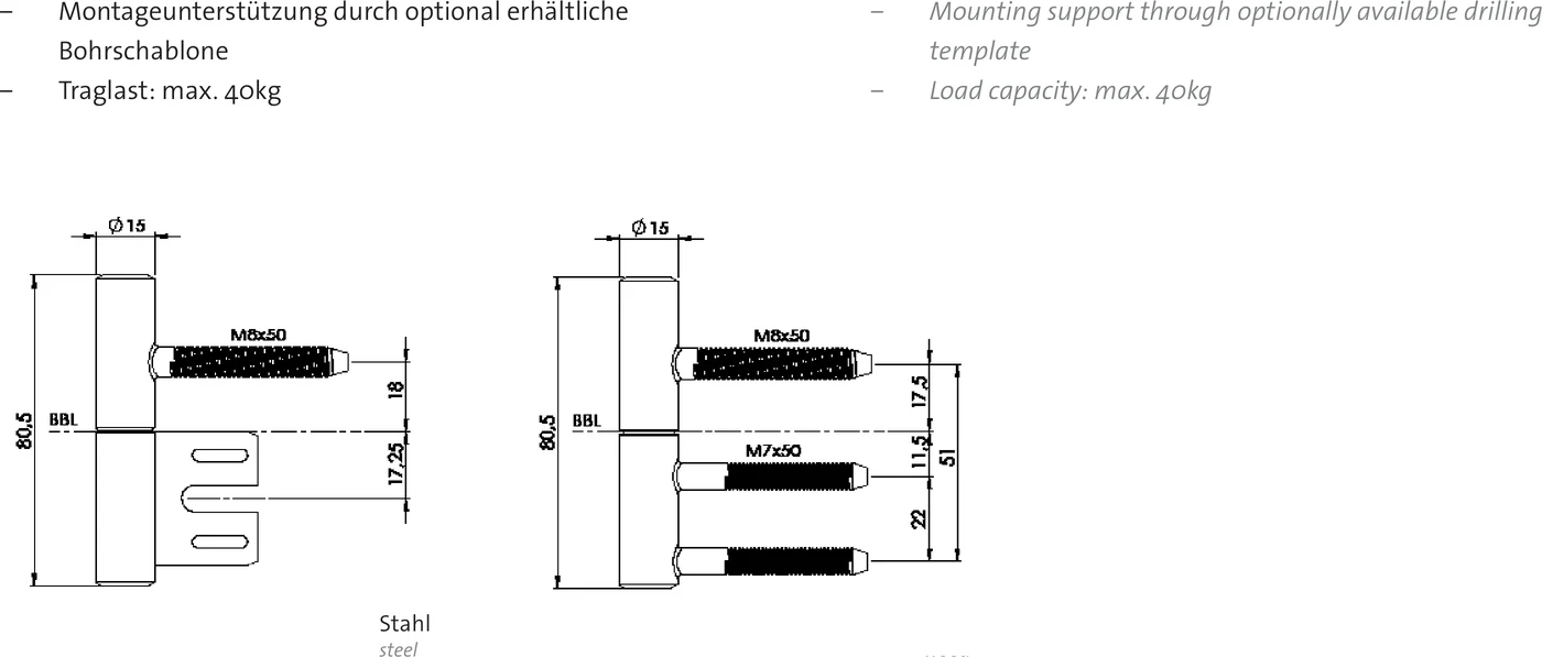 Technische Zeichnung [Z092000283] Griffwerk Türbänder inkl. Rahmenteil für gefälzte Holztüren (AXUM 9300, 2tlg., Stahlzarge Chrom-Optik)
