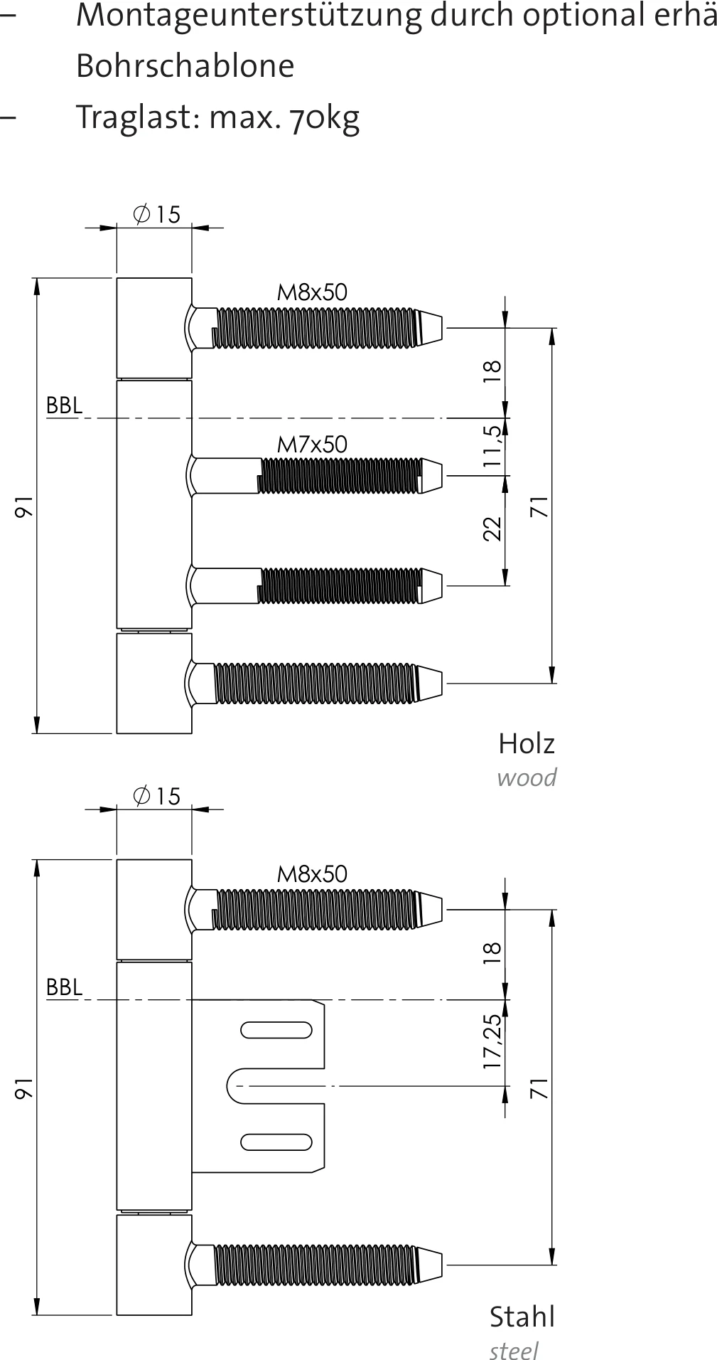 Technische Zeichnung [Z093000184] Griffwerk Türbänder inkl. Rahmenteil für gefälzte Holztüren (AXUM 9300, 3tlg., Holzzarge Messing-Optik)