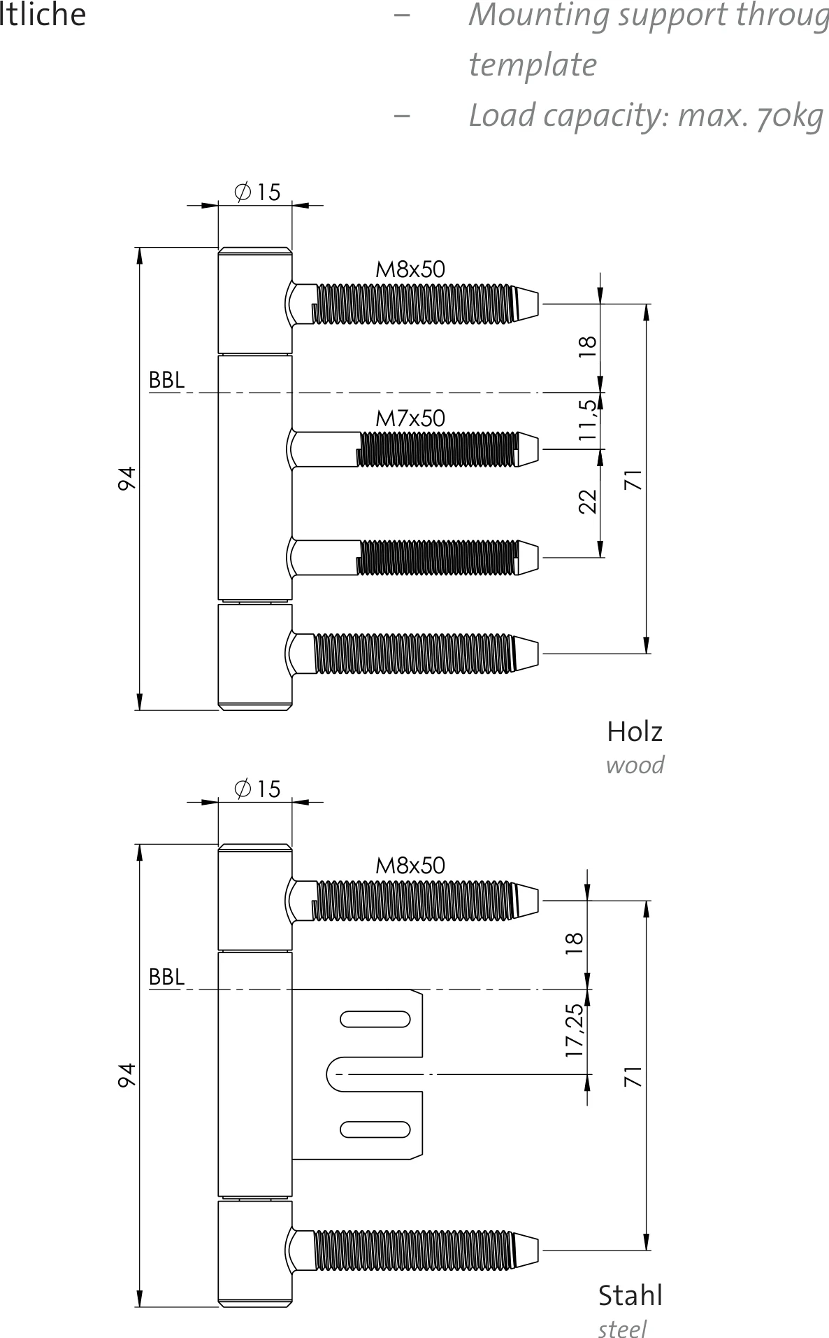 Technische Zeichnung [Z093010281] Griffwerk Türbänder inkl. Rahmenteil für gefälzte Holztüren (AXUM 9301, 3tlg., Stahlzarge Edelstahl-Optik matt)