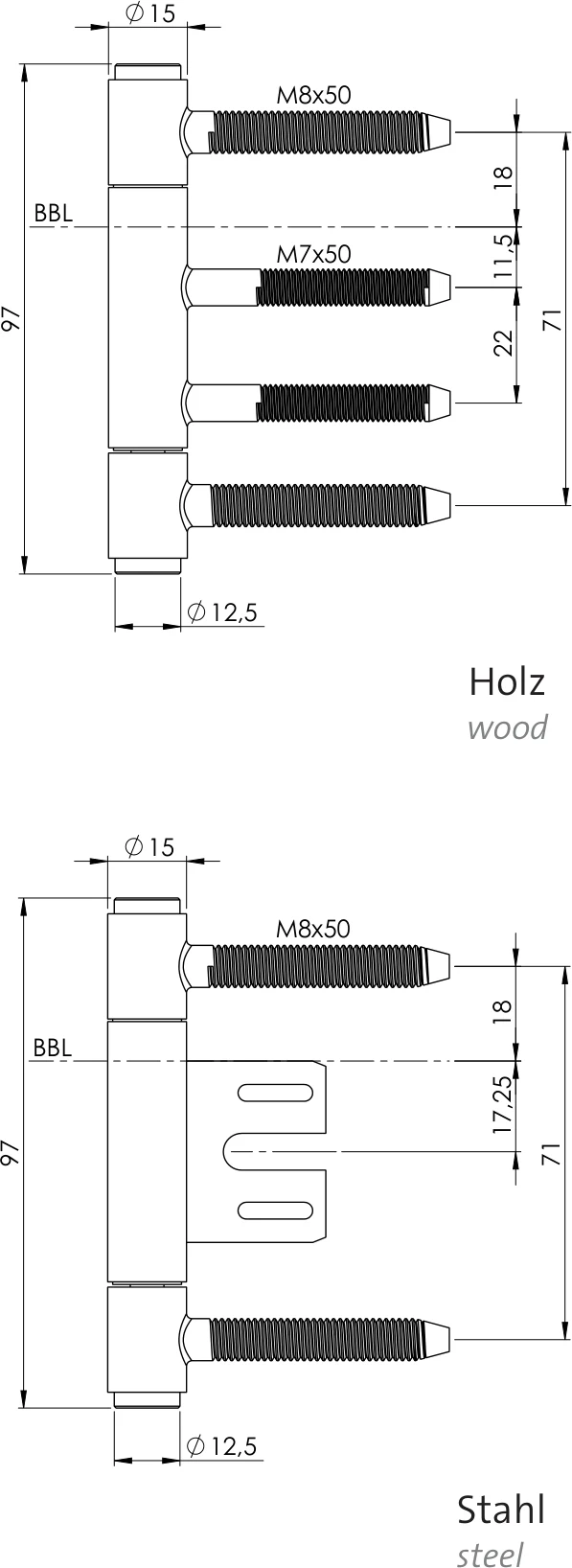 Technische Zeichnung [Z093040191] Griffwerk Türbänder inkl. Rahmenteil für gefälzte Holztüren (AXUM 9304, 3tlg., Holzzarge Graphitschwarz-Messing)
