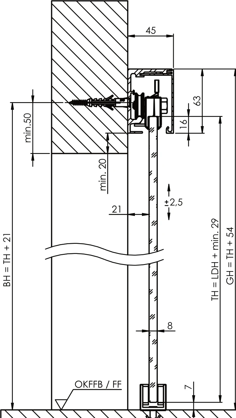 Technische Zeichnung [409010116] Griffwerk Schiebetürsystem PLANEO X120 (Edelstahl-Optik matt/C31, 2000, Wandmontage, ohne Einzugsdämpfung)