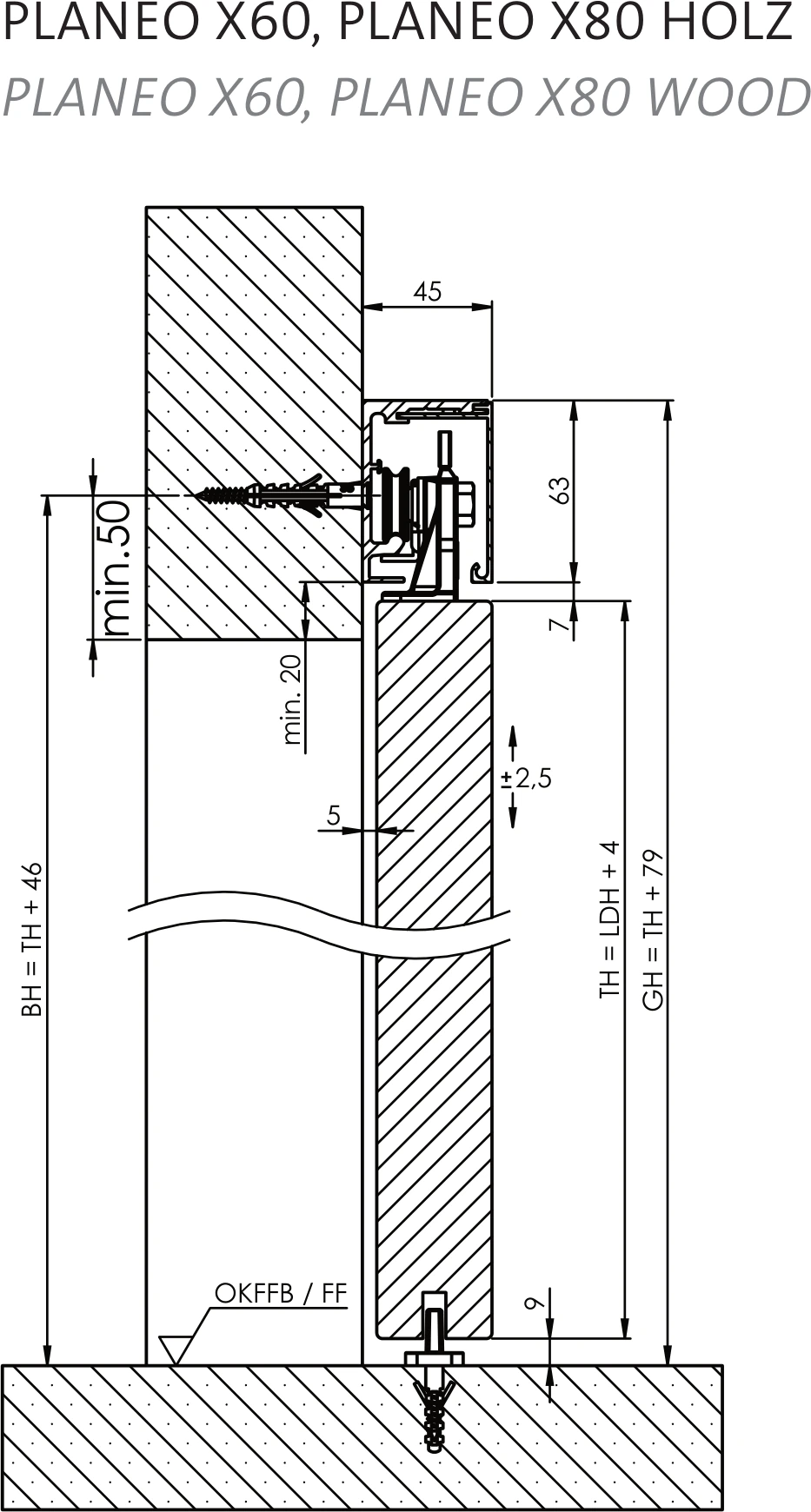 Technische Zeichnung [407030116] Griffwerk Schiebetürsystem PLANEO X60 Holz (Edelstahl-Optik matt/C31, 2000, Wandmontage, ohne Einzugsdämpfung)