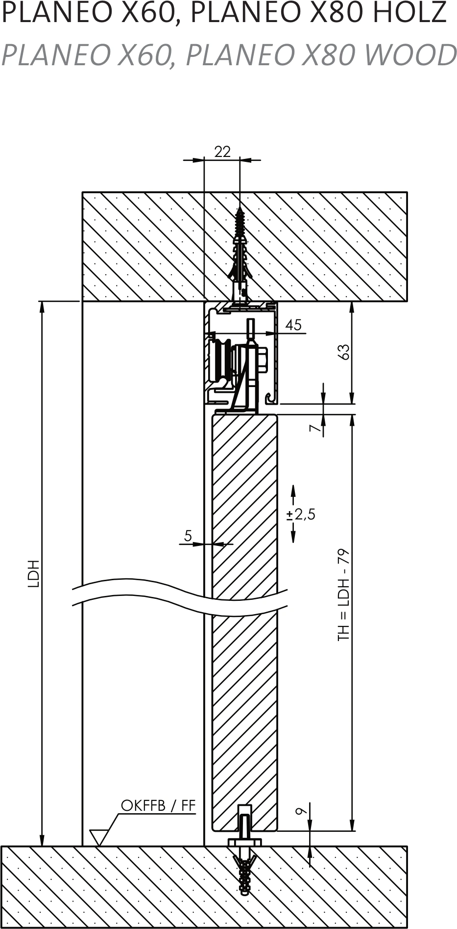 Technische Zeichnung [407100716] Griffwerk Schiebetürsystem PLANEO X60 Holz (Edelstahl-Optik matt/C31, 2200, Deckenmontage, ohne Einzugsdämpfung)