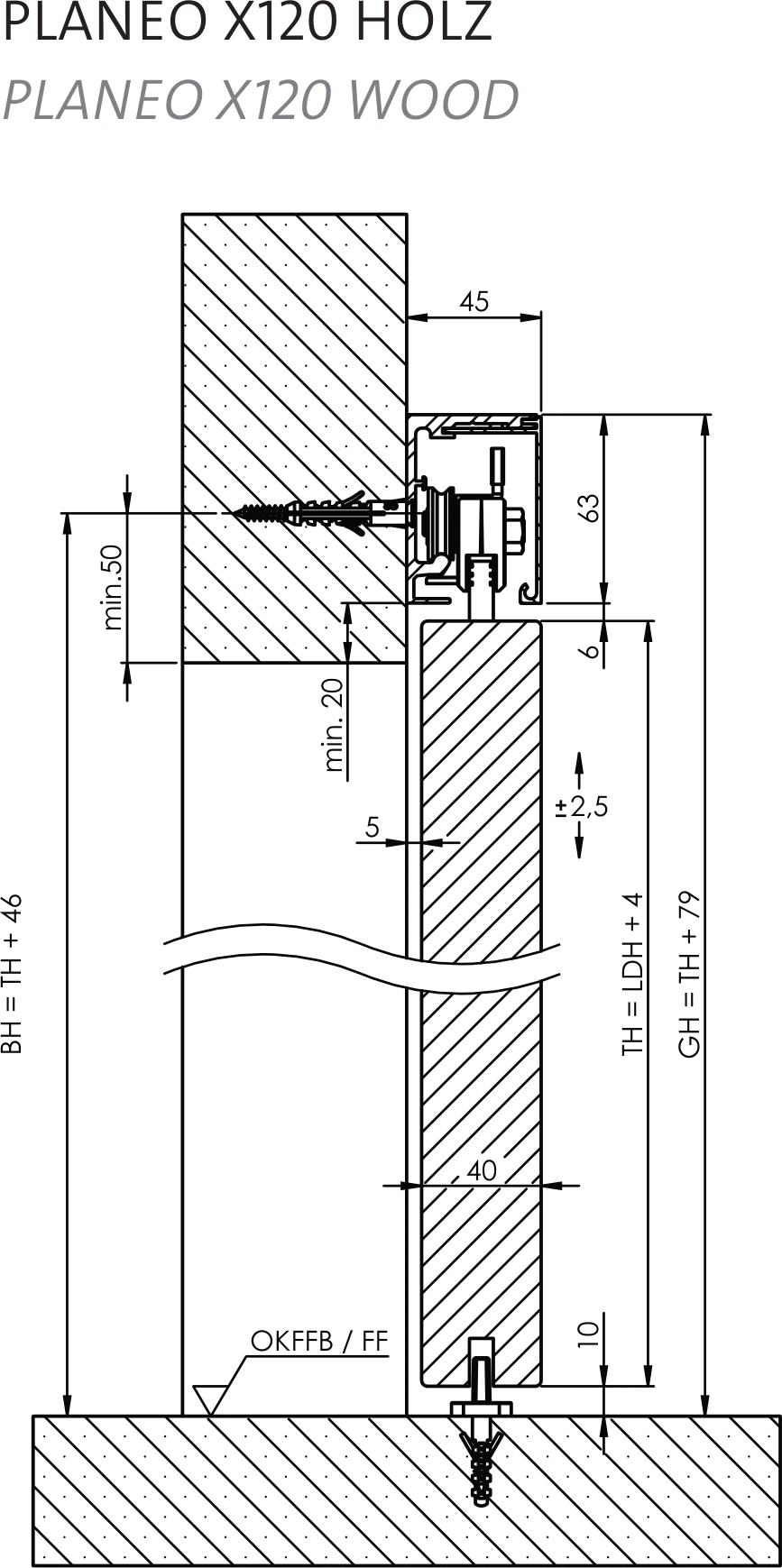 Technische Zeichnung [409030118] Griffwerk Schiebetürsystem PLANEO X120 Holz (Graphitschwarz, 2000, Wandmontage, ohne Einzugsdämpfung)