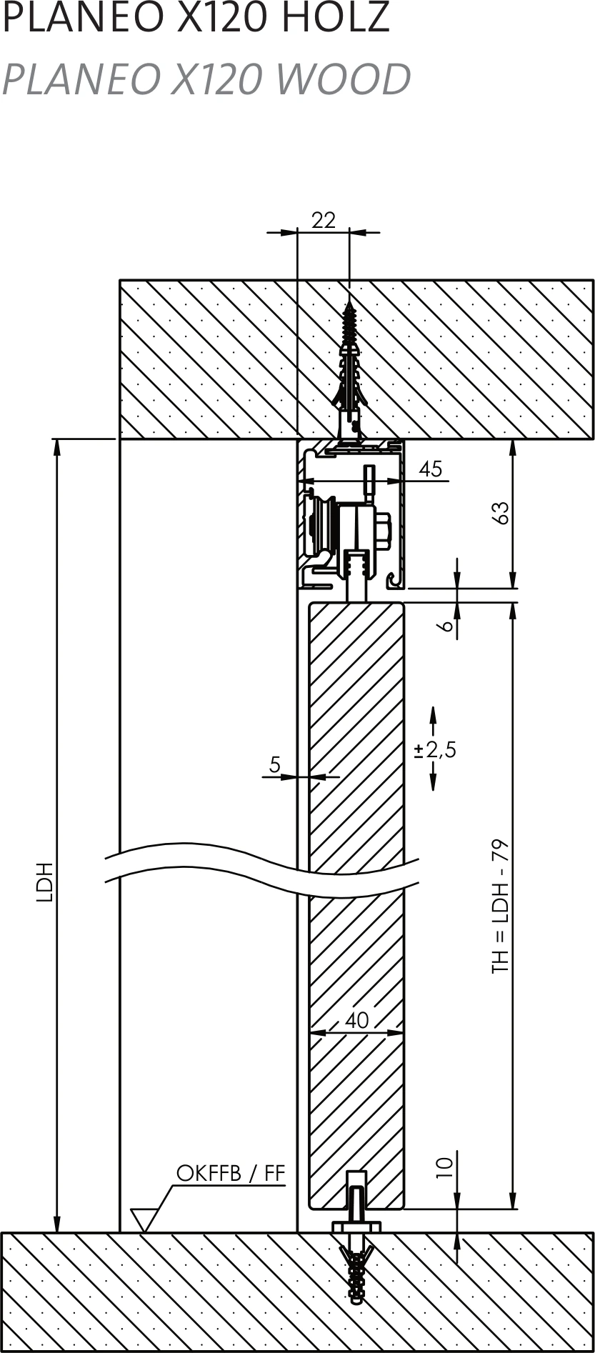 Technische Zeichnung [409120718] Griffwerk Schiebetürsystem PLANEO X120 Holz - Oberfläche: Graphitschwarz, Länge (mm): 2200, Montageart: Deckenmontage, Einzugsdämpfung: mit Einzugsdämpfung (Graphitschwarz, 2200, Deckenmontage, mit Einzugsdämpfung)