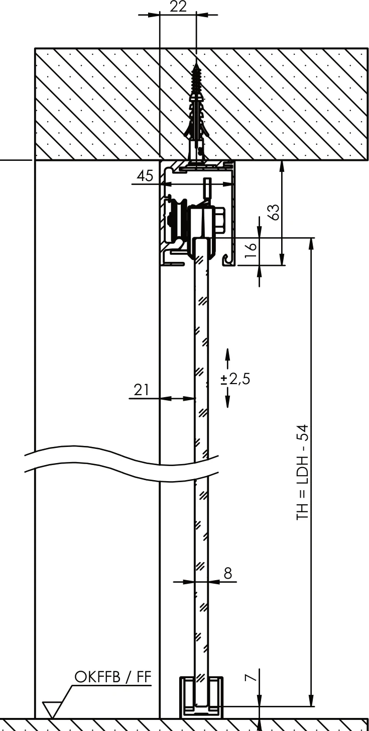 Technische Zeichnung [408110116] Griffwerk Schiebetürsystem PLANEO X80 (Edelstahl-Optik matt/C31, 2000, Deckenmontage, mit Einzugsdämpfung)