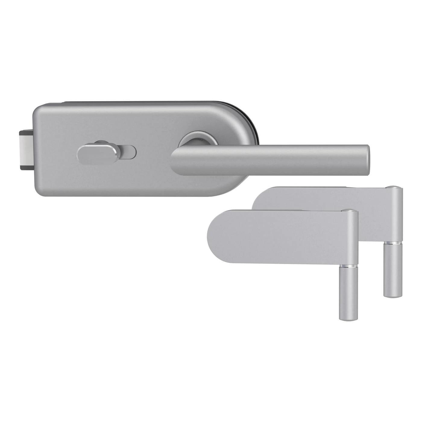 Griffwerk Glastürbeschlagset SMILE 1.0 mit Griff L-FORM - Oberfläche: Alu EV1, Fallentyp: Flüsterfalle, Verriegelung: WC Schlossseite
