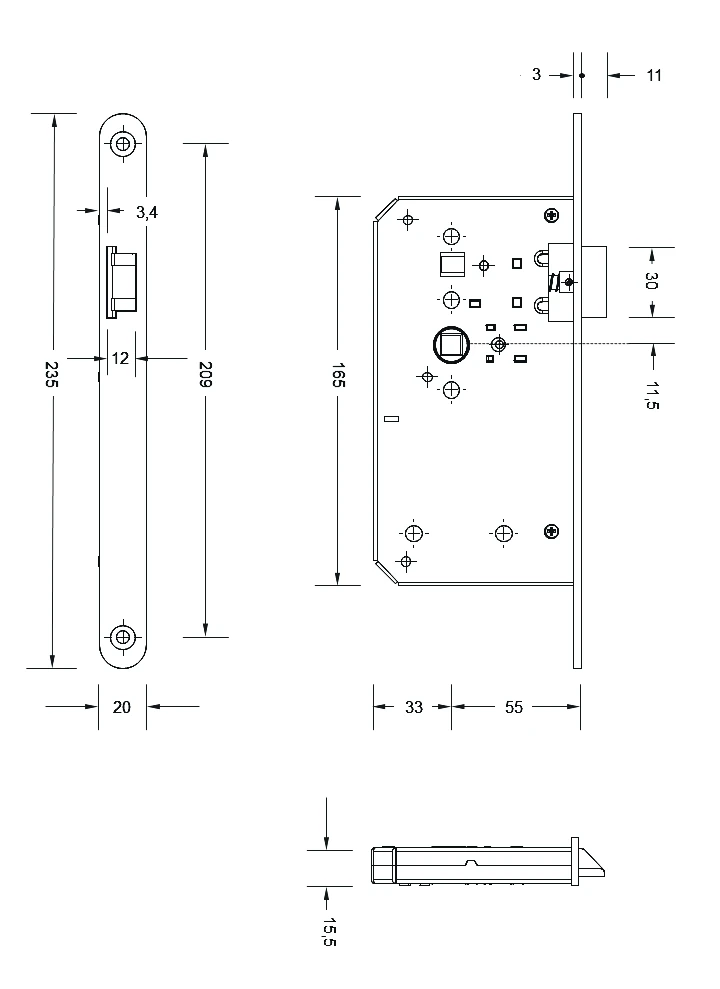 Technische Zeichnung [S9 VL IN 71] Karcher Einsteckschloss KD Comfort - DIN: Links, Öffnungsrichtung: nach innen öffnend (Links, nach innen öffnend)