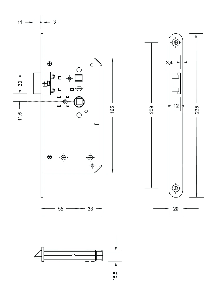 Technische Zeichnung [S9 VR AU 71] Karcher Einsteckschloss KD Comfort (Rechts, nach außen öffnend)
